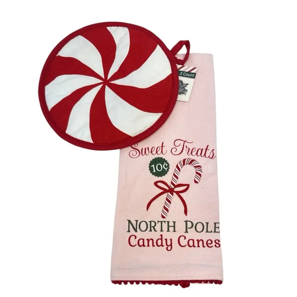Christmas Peppermint Pot Holder & Dish Towel Set Candy Cane Kitchen Decor NEW